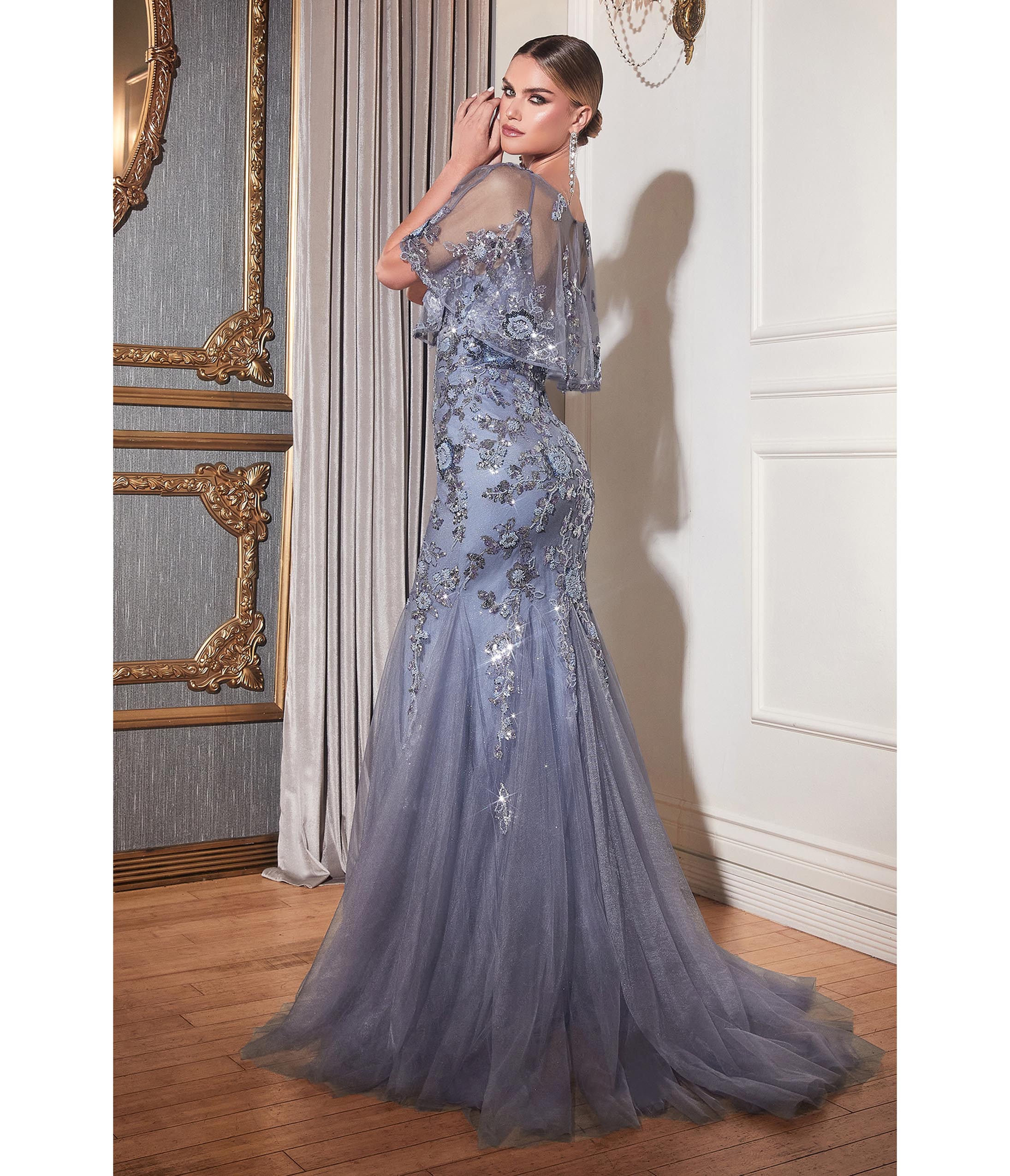 Sexy Sheer Silver Lace Bodice Sky Blue Satin Prom Dress - VQ